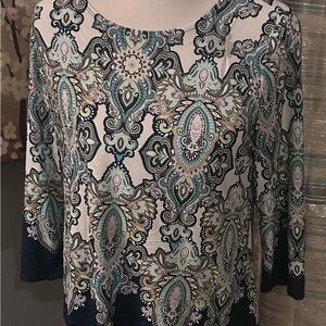 JM Collection Paisley Scoop Neck Top in Mint, Navy & White